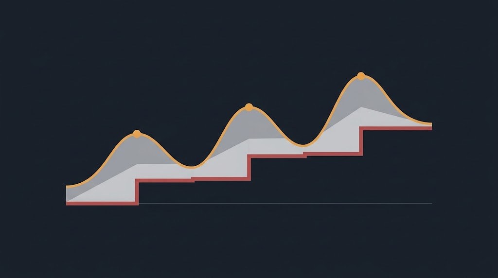 Curva de una cuenta con picos y valles y, por debajo, la línea del trailing drawdown, que solo sube y nunca baja